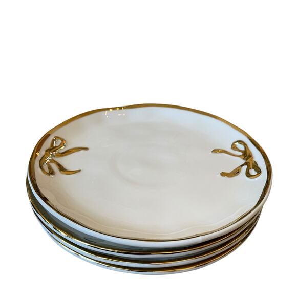 Hand Painted Coquette GOLD BOW Dinner Plates 10.5in White Ceramic Set of 4 New - Picture 4 of 7